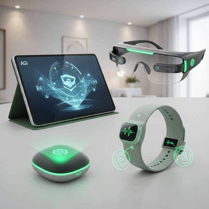 Futuristic AGI gadgets on a table, including a tablet, glasses, and a wristband