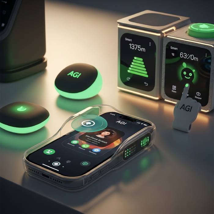 Futuristic artificial intelligence gadget with holographic brain display, AGI insights, and advanced wearable headset