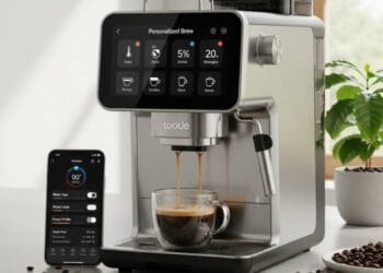 AI coffee maker brewing espresso with smart controls