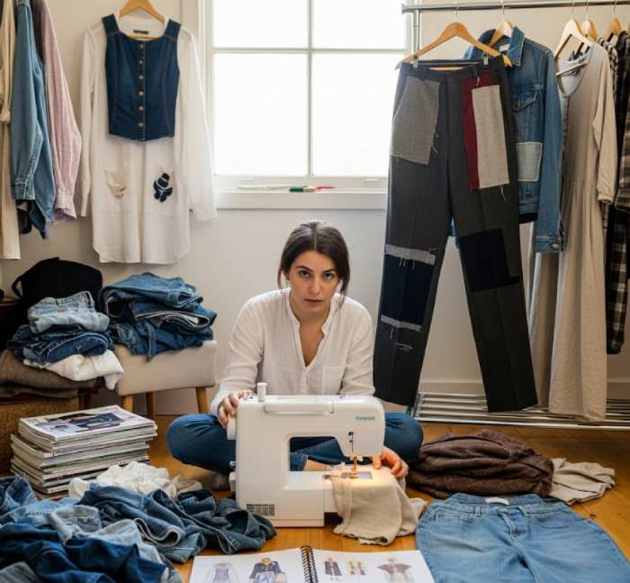 A woman sewing and repairing clothes on the floor, surrounded by fabrics, embodying DIY sustainable fashion
