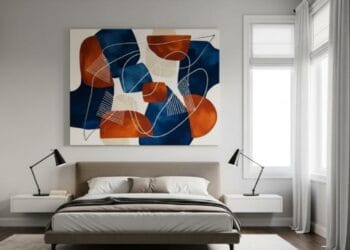 Modern wall art for bedroom interior with abstract canvas above bed