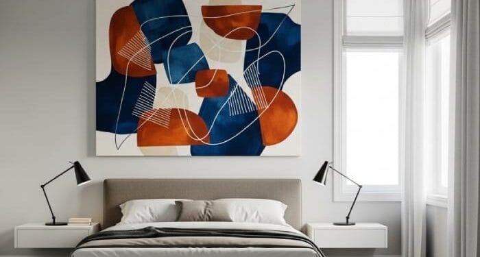 Modern wall art for bedroom interior with abstract canvas above bed