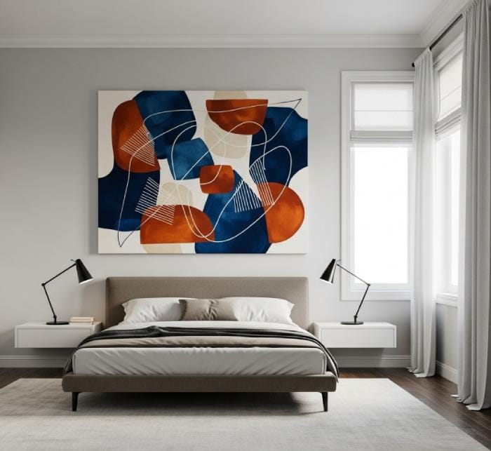 Modern wall art for bedroom interior with abstract canvas above bed