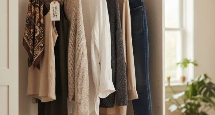 An organized closet featuring a sustainable wardrobe with neutral, versatile clothing and accessories