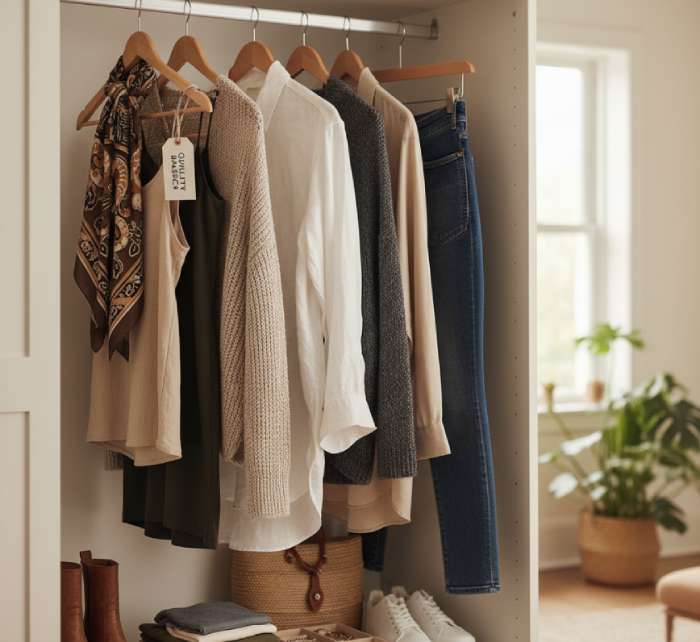 An organized closet featuring a sustainable wardrobe with neutral, versatile clothing and accessories