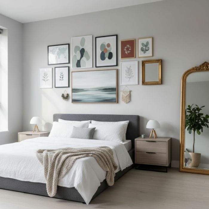 Modern bedroom with trendy wall art above bed matching furniture style