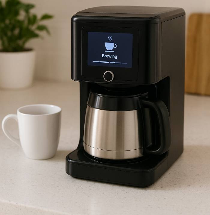 Modern AI-powered coffee maker brewing coffee with smart technology on a kitchen counter next to a white mug