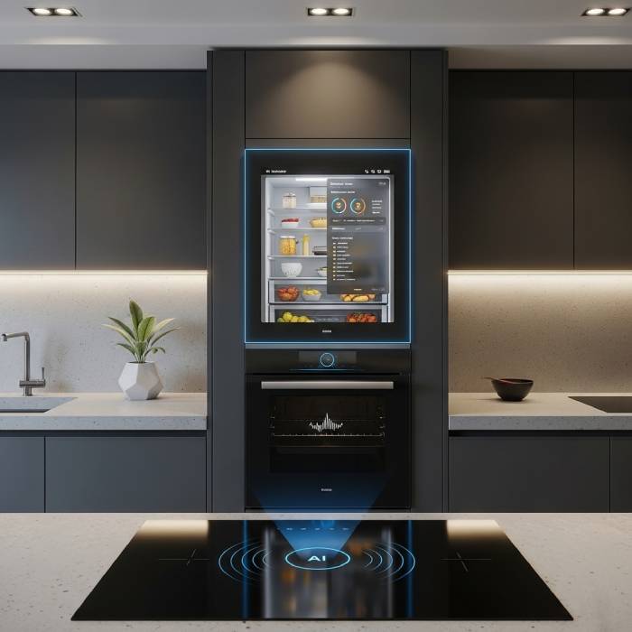 AI kitchen appliance in a modern kitchen helping with smart cooking
