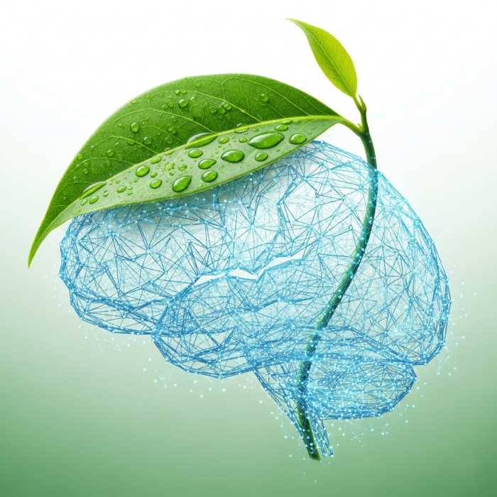 Brain with a green leaf, symbolizing AI and sustainability