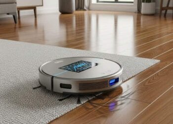 Smart AI robot vacuum moving across carpet in bright living space
