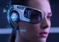 Woman wearing futuristic AI smart glasses with holographic data display