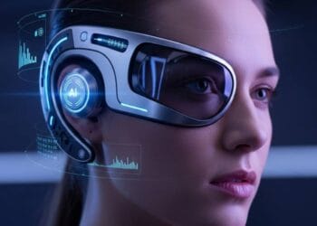 Woman wearing futuristic AI smart glasses with holographic data display