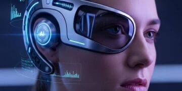 Woman wearing futuristic AI smart glasses with holographic data display