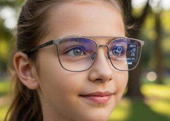 Girl using AI smart glasses with object recognition display