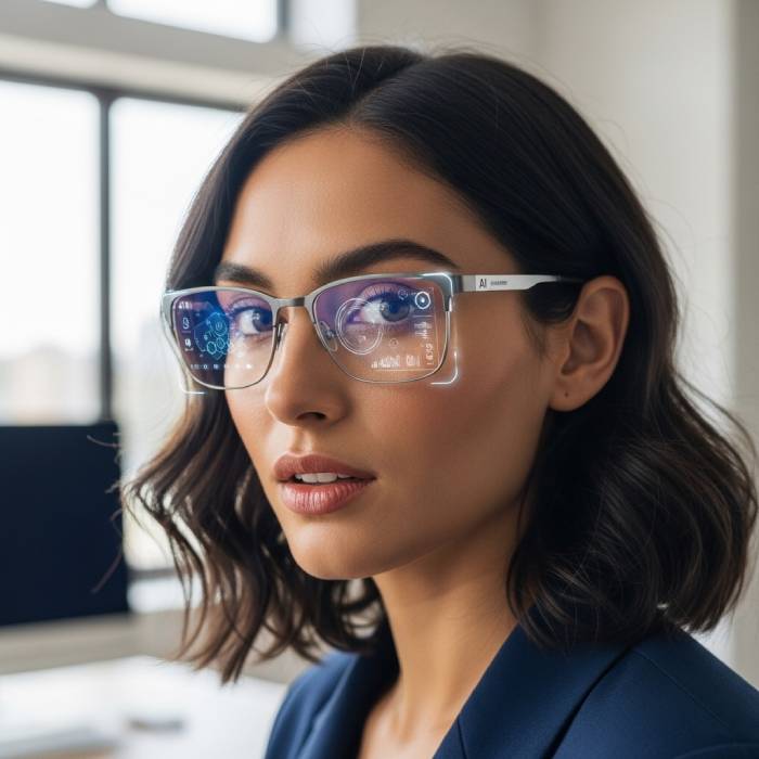 Woman wearing AI smart glasses with digital interface display