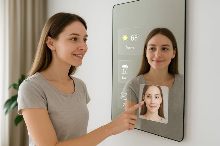 Young woman using an AI smart mirror for virtual makeup try-on
