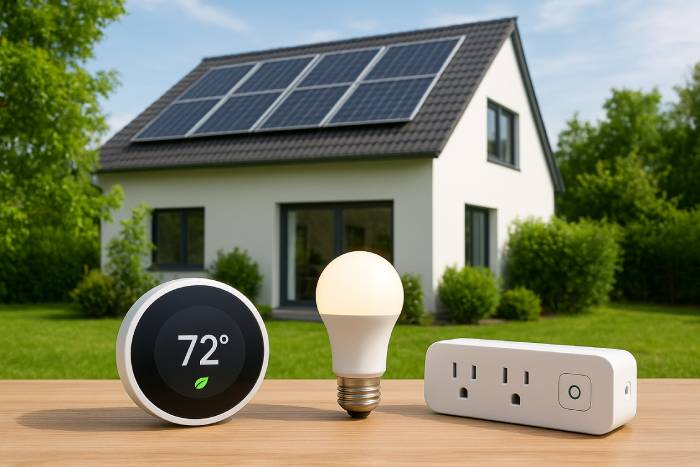 Smart home with rooftop solar panels, featuring eco-friendly AI gadgets including a smart thermostat