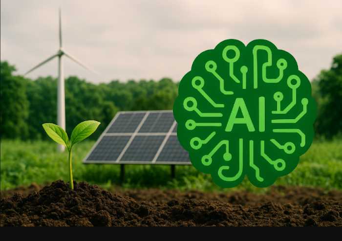 A small green plant growing in soil with a solar panel and wind turbine in the background, symbolizing eco-friendly AI and sustainable technology.