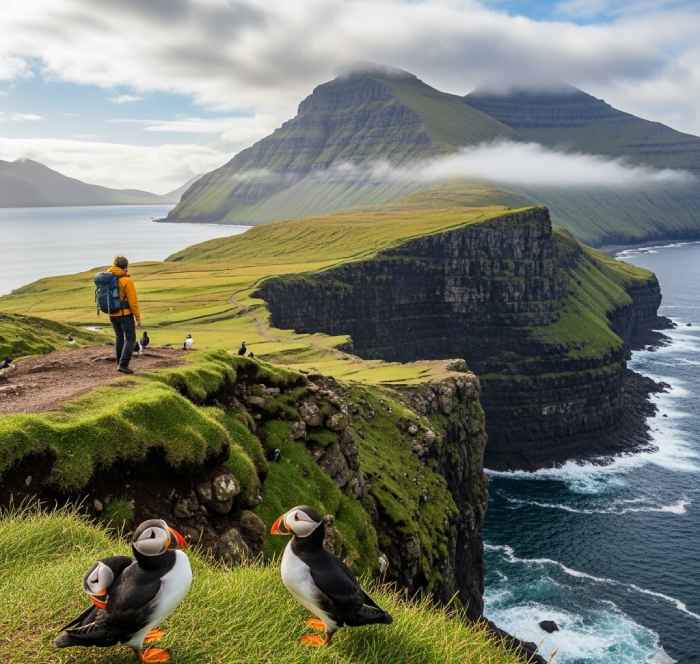 Person hiking along a dramatic Faroe Islands coastline with puffins in the foreground