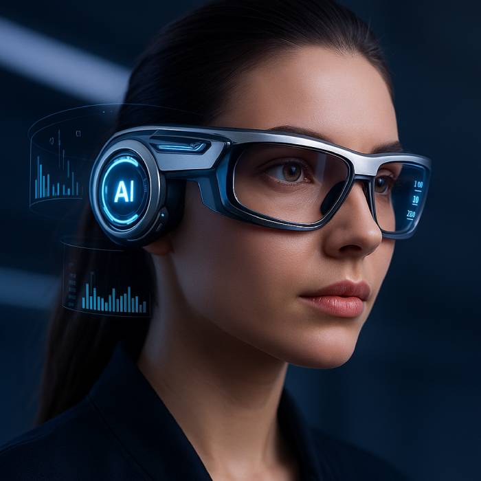 Woman wearing futuristic AI AR glasses with holographic data display