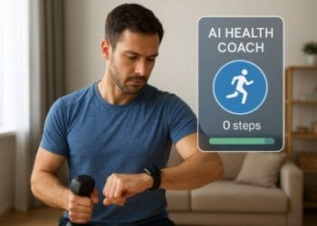 Man working out at home while checking his smartwatch for fitness progress.