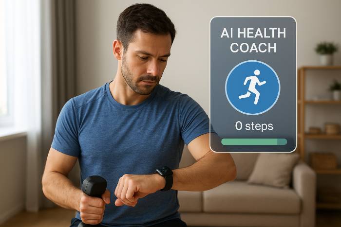 Man working out at home while checking his smartwatch for fitness progress.