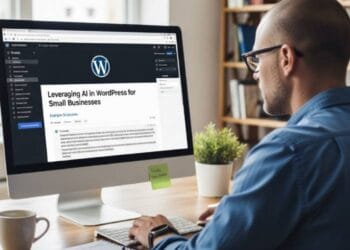 A small business owner is working on a computer showing the WordPress dashboard with a blog post about leveraging AI for small businesses.