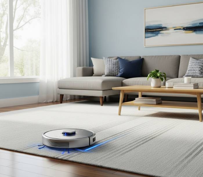 AI-powered robot vacuum cleaning carpet in modern living room