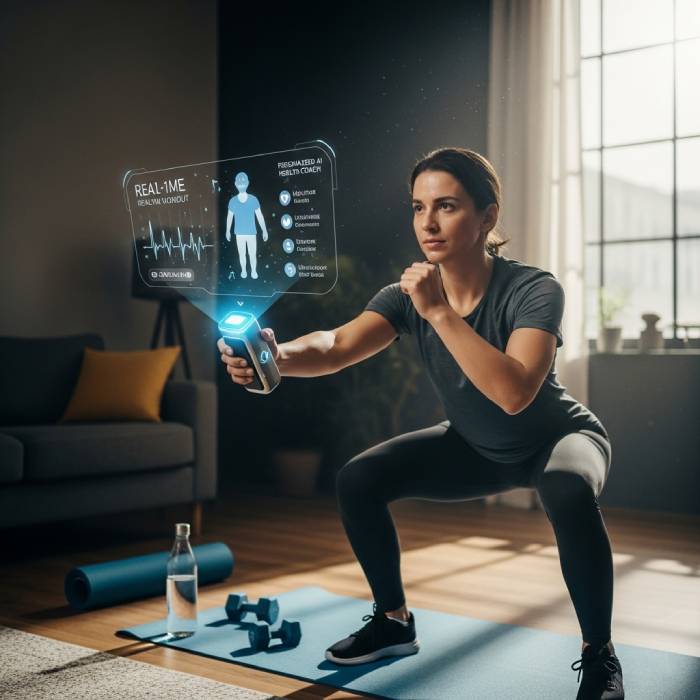 Woman doing squats at home with an AI health coach device for fitness tracking