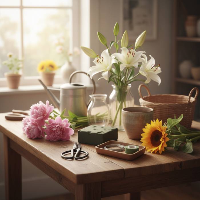 DIY flower arrangement ideas with lilies, sunflowers, and peonies on a wooden table