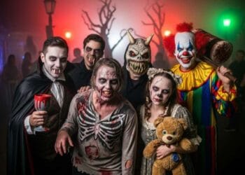Visitors enjoying haunted houses and scare zones at Halloween Horror Nights event