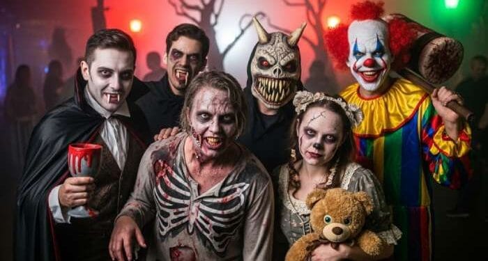 Visitors enjoying haunted houses and scare zones at Halloween Horror Nights event