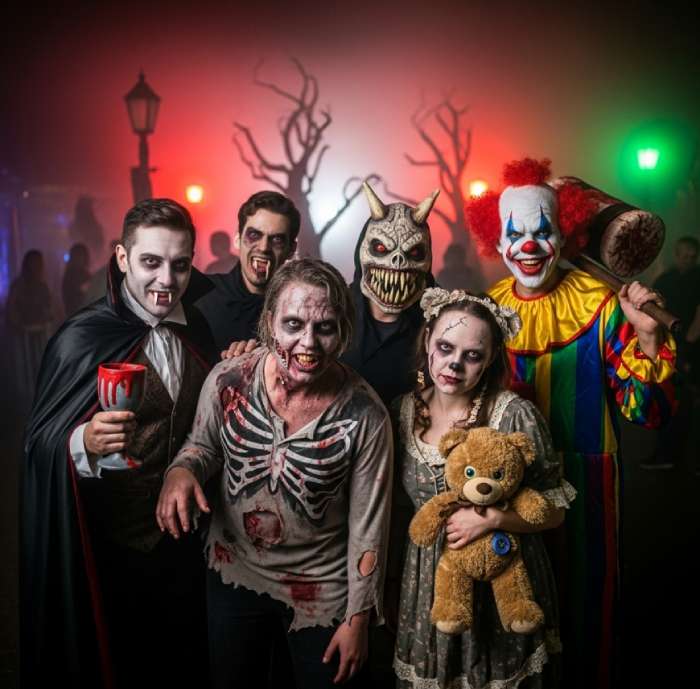 Visitors enjoying haunted houses and scare zones at Halloween Horror Nights event