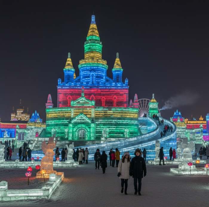 Harbin Ice Festival at night, showcasing a lit-up ice castle and sculptures