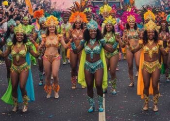 A vibrant image shows a performer at the Notting Hill Carnival wearing an elaborate costume with a large feather headdress