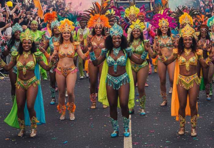 A vibrant image shows a performer at the Notting Hill Carnival wearing an elaborate costume with a large feather headdress