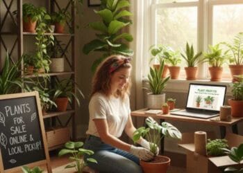 Woman selling indoor plants from home using online marketplace