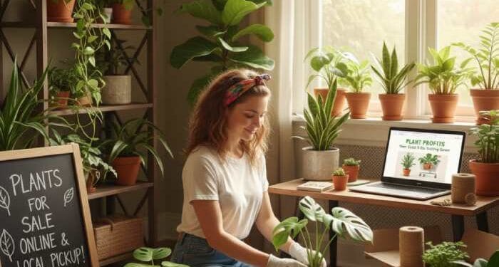 Woman selling indoor plants from home using online marketplace