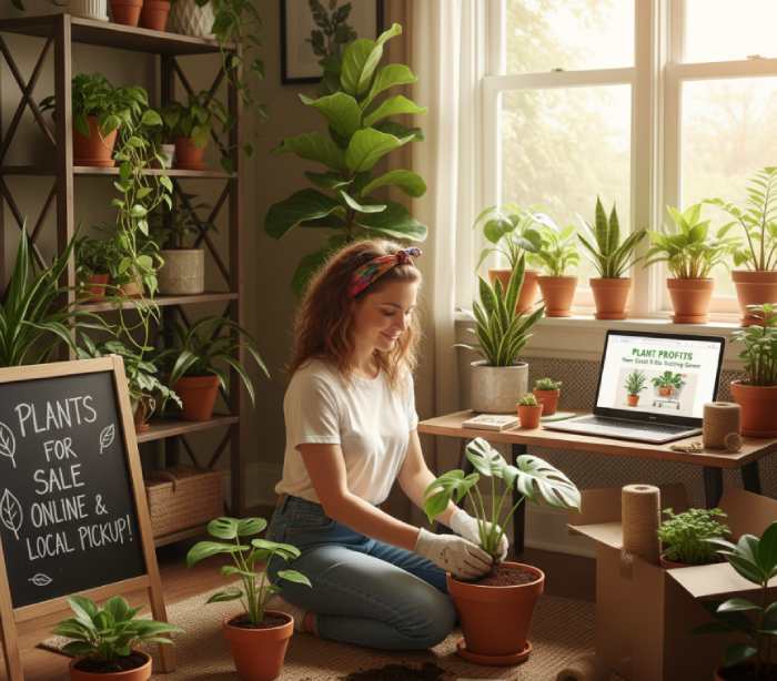 Woman selling indoor plants from home using online marketplace