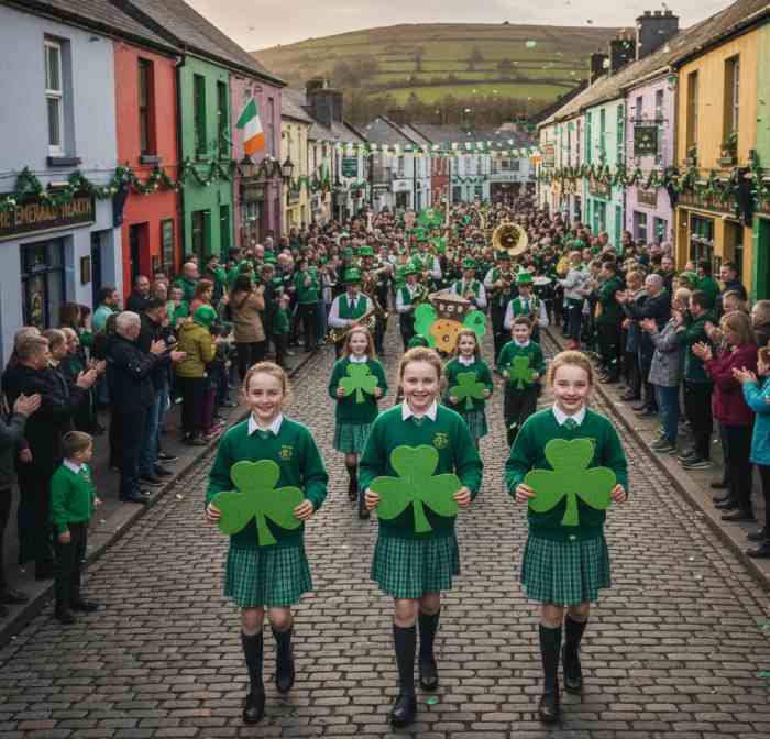 People celebrating St. Patrick’s Day with music, green costumes, and Ireland traditions