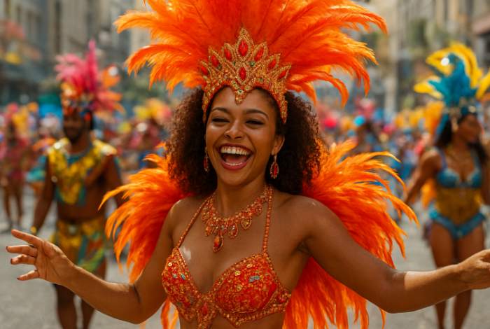 Woman in a dazzling orange feathered headdress and jeweled costume dancing joyfully during a colorful carnival festival parade.