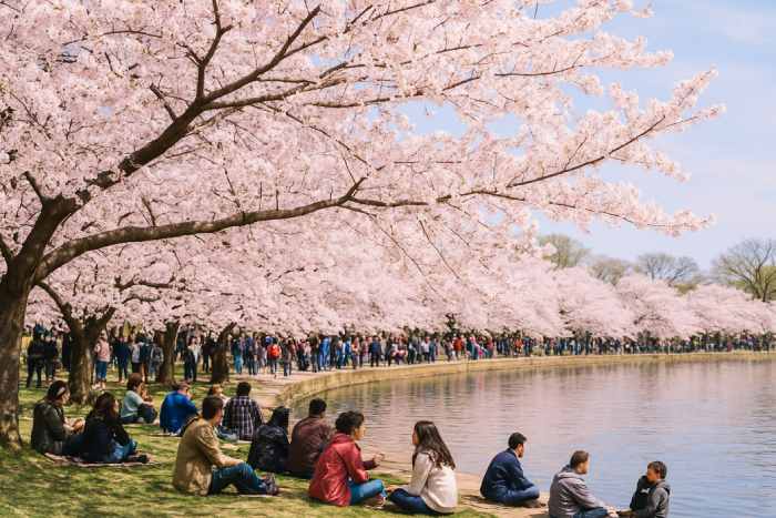 People enjoying the Cherry Blossom Festival under full-bloom sakura trees beside a scenic lake