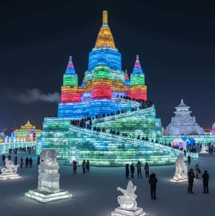 Colorful ice castles and sculptures illuminated with bright lights at the Harbin International Ice and Snow Festival in China