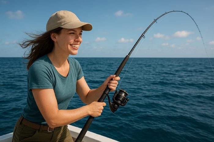 A young woman smiling while fishing on a boat during an eco-friendly tuna fishing trip in the open ocean.