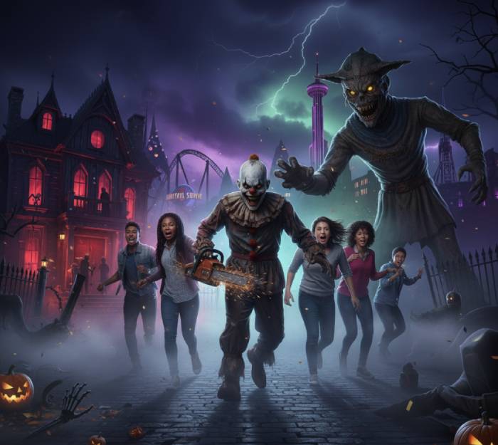 People flee a scary clown and monster at Halloween Horror Nights.