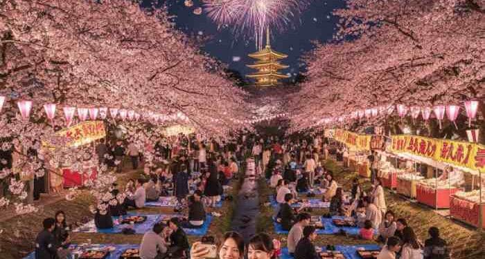 A vibrant night scene at a Japanese Cherry Blossom Festival, with two women in traditional kimonos taking a selfie in the foreground