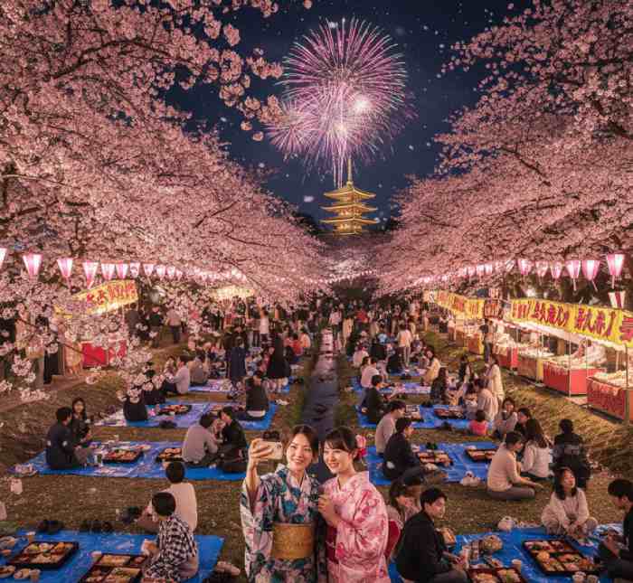 A vibrant night scene at a Japanese Cherry Blossom Festival, with two women in traditional kimonos taking a selfie in the foreground