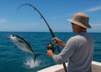 A fisherman reeling in a large tuna during a deep-sea fishing trip on a sunny day