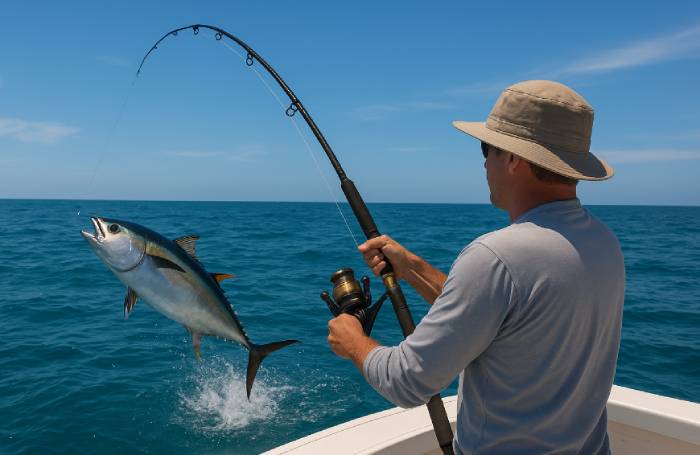 A fisherman reeling in a large tuna during a deep-sea fishing trip on a sunny day