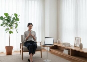 Modern minimalist living space with clean lines, neutral colors, and stylish, clutter-free decor